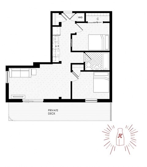 Floor plan for 1 bed, 1 bath, 676 sqft