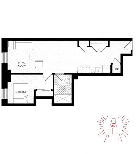 Floor plan for 1 bed, 1 bath, 610 sqft