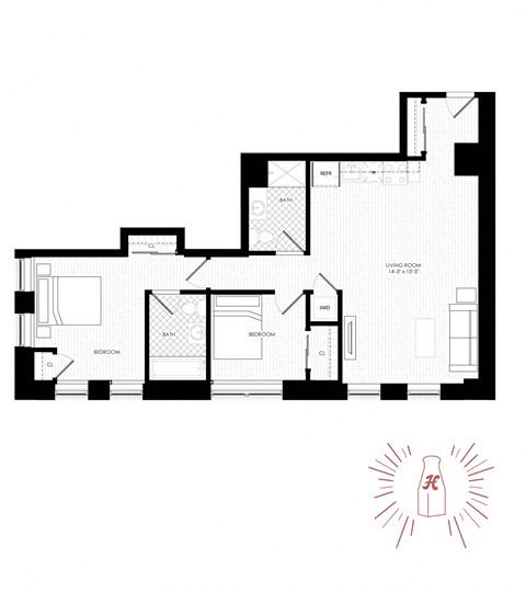 Floor plan for 2 beds, 2 baths, 1111 sqft