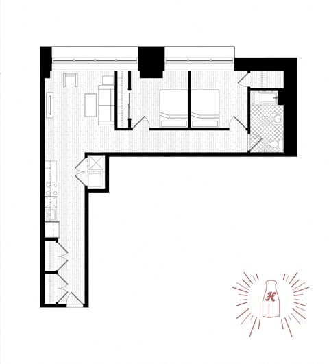 Floor plan for 2 beds, 1 bath, 855 sqft