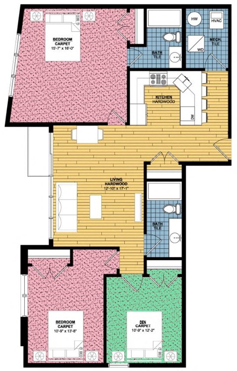 Floor plan for 2 beds, 2 baths, 970 sqft