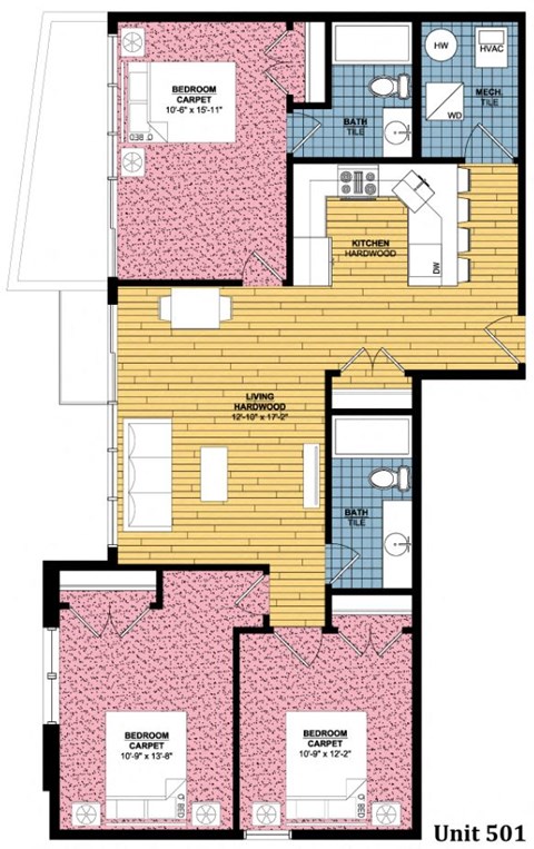 Floor plan for 3 beds, 2 baths, 1190 sqft