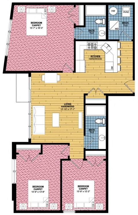 Floor plan for 3 beds, 2 baths, 1275 sqft