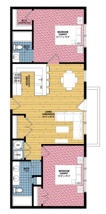 Floor plan for 2 beds, 2 baths, 945 sqft