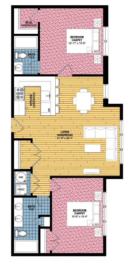 Floor plan for 2 beds, 2 baths, 1030 sqft