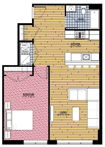 Floor plan for 1 bed, 1 bath, 743 sqft