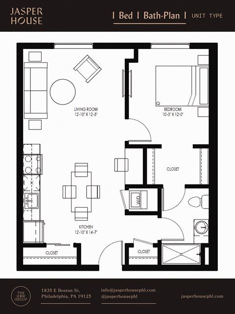 Floor plan for 1 bed, 1 bath, 757 sqft