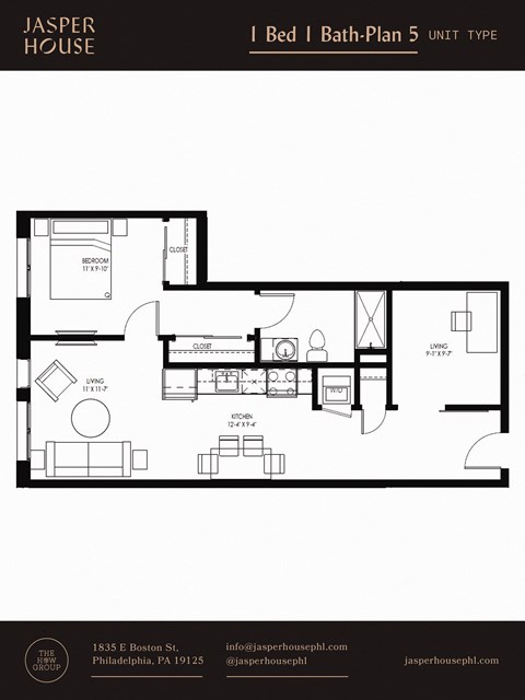 Floor plan for 1 bed, 1 bath, 692 sqft