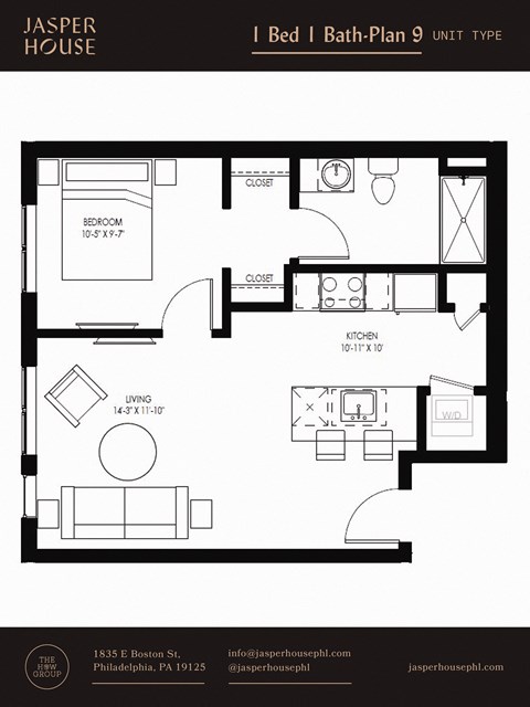 Floor plan for 1 bed, 1 bath, 624 sqft