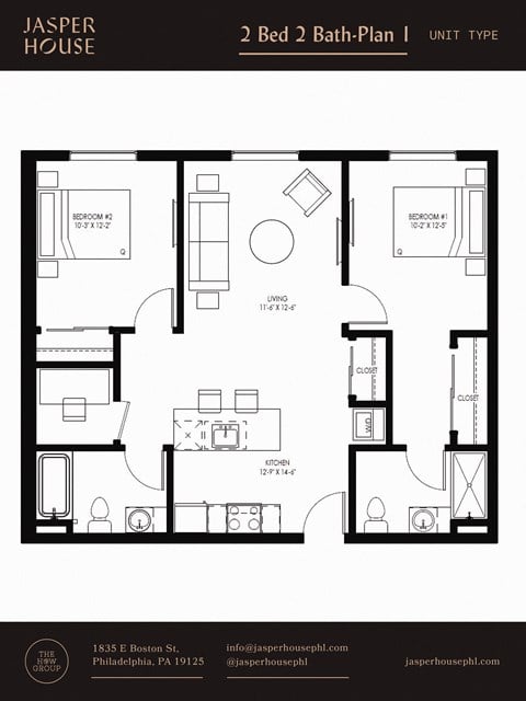 Floor plan for 2 beds, 2 baths, 833 sqft