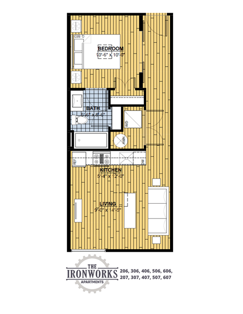 Floor plan for 1 bed, 1 bath, 534 sqft
