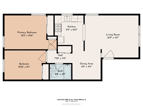 Floor plan for 2 beds, 1 bath, 865 sqft