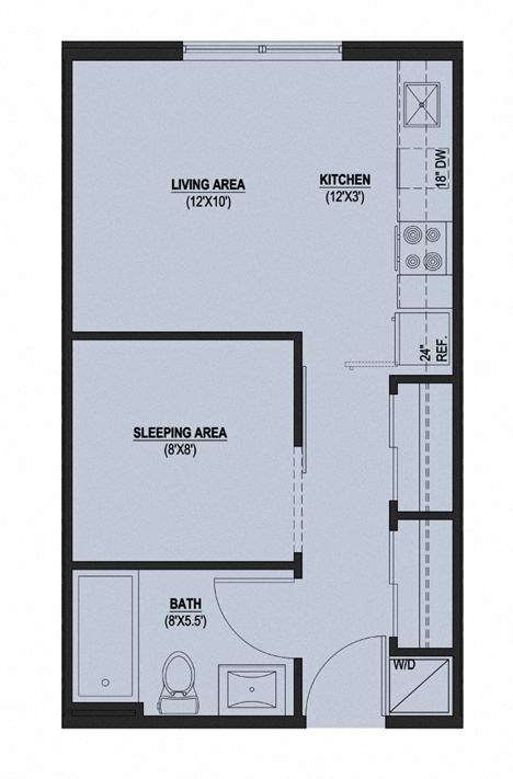 Floor plan for 1 bed, 1 bath, 381 sqft