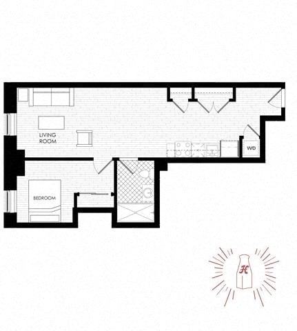 Floor plan for 1 bed, 1 bath, 867 sqft