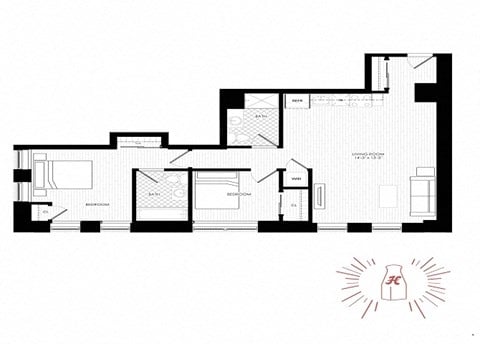 Floor plan for 2 beds, 2 baths, 1099 sqft