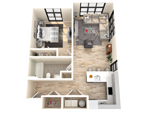 Floor plan for 1 bed, 1 bath, 740 sqft