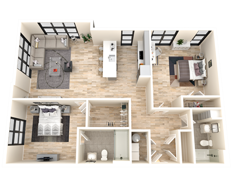 Floor plan for 2 beds, 2 baths, 1100 sqft