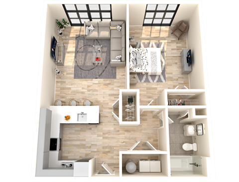 Floor plan for 1 bed, 1 bath, 670 sqft