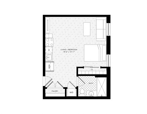 Floor plan for studio, 1 bath, 445 sqft