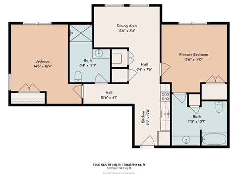 Floor plan for 2 beds, 2 baths, 1084 sqft