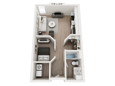 Floor plan for studio, 1 bath, 597 sqft