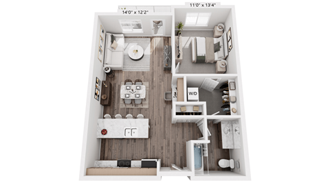 Floor plan for 1 bed, 1 bath, 782 sqft