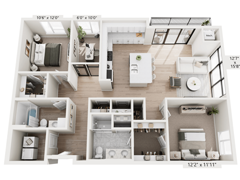 Floor plan for 2 beds, 2 baths, 1350 sqft