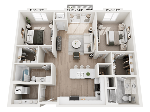 Floor plan for 2 beds, 2 baths, 1150 sqft