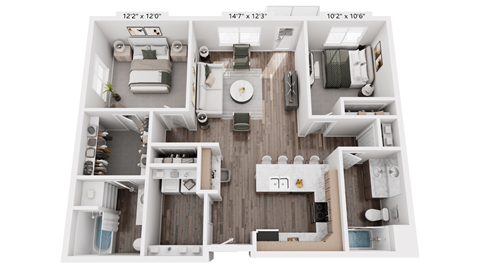 Floor plan for 2 beds, 2 baths, 1145 sqft