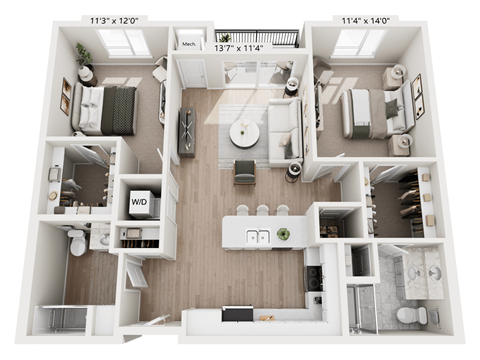 Floor plan for 2 beds, 2 baths, 1085 sqft