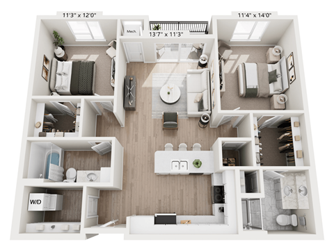 Floor plan for 2 beds, 2 baths, 1120 sqft