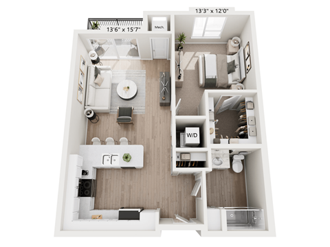 Floor plan for 1 bed, 1 bath, 772 sqft