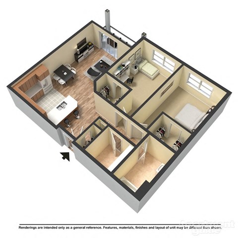 Floor plan for 2 beds, 1 bath, 919 sqft
