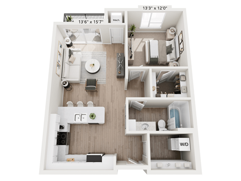 Floor plan for 1 bed, 1 bath, 772 sqft
