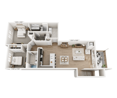Floor plan for 2 beds, 2 baths, 1306 sqft