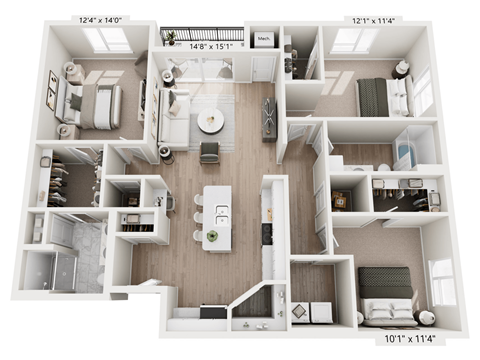 Floor plan for 3 beds, 2 baths, 1420 sqft