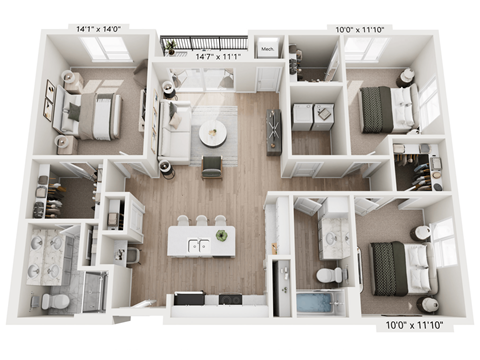 Floor plan for 3 beds, 2 baths, 1310 sqft