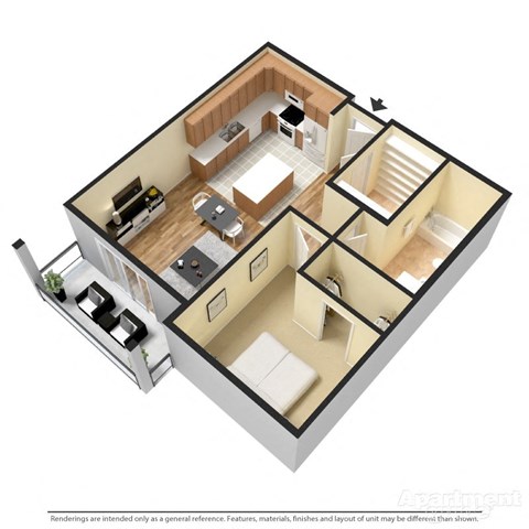 Floor plan for 1 bed, 1 bath, 676 sqft