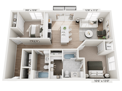 Floor plan for 2 beds, 2 baths, 1000 sqft