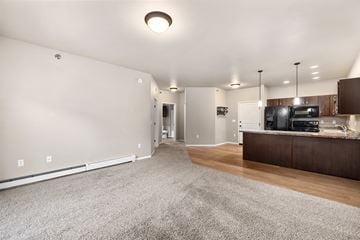Mandan apartment for rent - A spacious living room with a grey carpet and a wooden cabinet.
