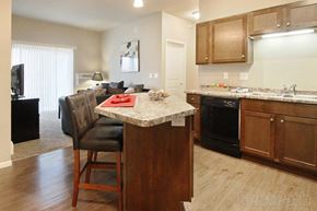 Watford City apartment for rent - a kitchen and living room with a marble counter top