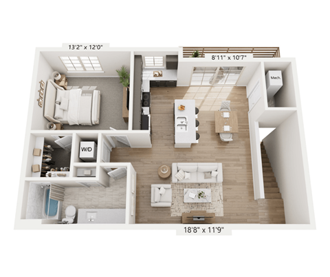 Floor plan for 1 bed, 1 bath, 845 sqft