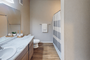 Fargo apartment for rent - A bathroom with a toilet, sink, and mirror.