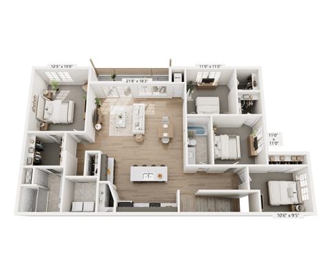 Floor plan for 4 beds, 2 baths, 1613 sqft