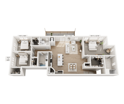 Floor plan for 3 beds, 2 baths, 1635 sqft