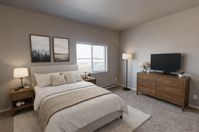 Moorhead apartment for rent - A bedroom with a large bed, a TV, and two framed pictures on the wall.