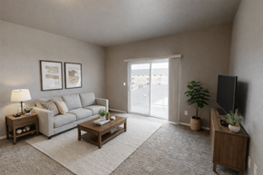 Moorhead apartment for rent - A living room with a grey couch, a wooden coffee table, a lamp, a potted plant, and a flat screen TV.