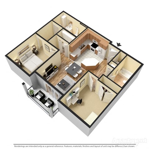 Floor plan for 2 beds, 2 baths, 1007 sqft