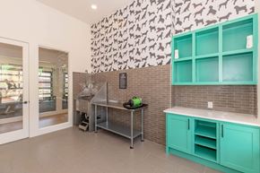 Temple apartment for rent - A kitchen with a green counter and a brick wall.