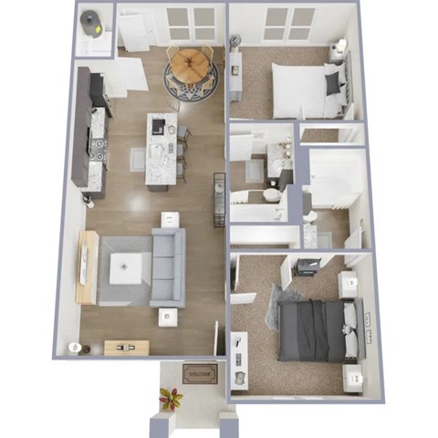 Floor plan for 2 beds, 2 baths, 940 sqft